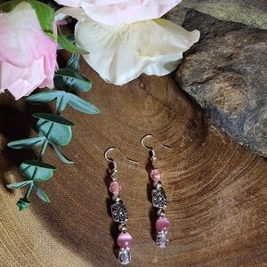 Elegant Dangle Hook Earrings Pink Cats Eye Glass Beads With Silver Toned Accents